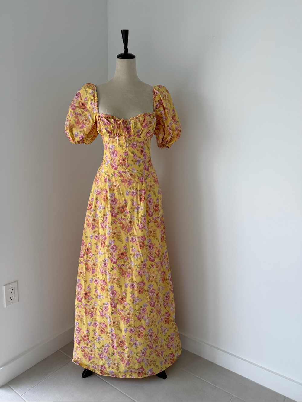 House of CB Yellow Floral Puff-Sleeve Maxi Dress